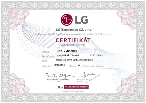 Certifikát LG RAC - Vyhnánek