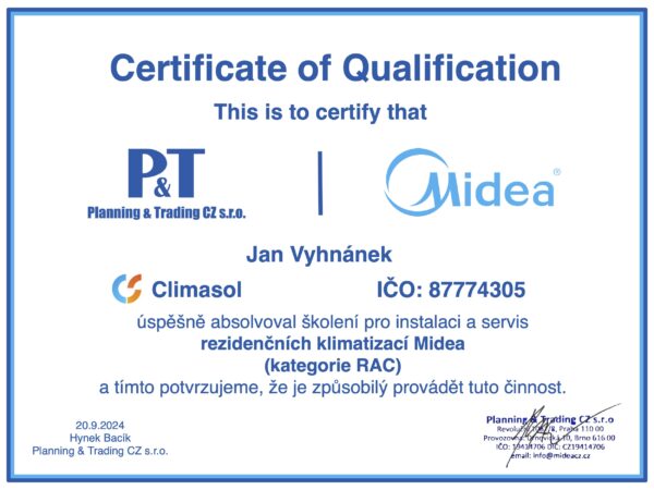 Certifikát Midea RAC - Vyhnánek