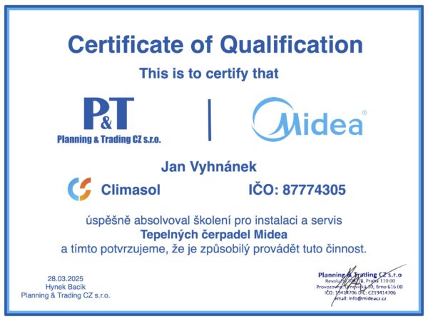 Certifikát Midea TČ - Vyhnánek