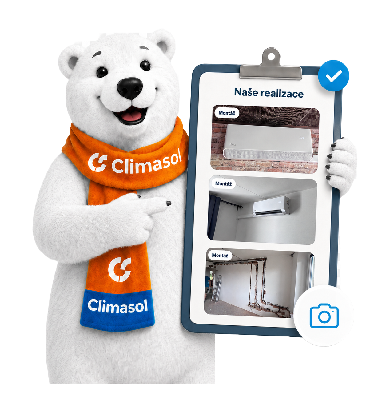 Maskot Climasol drží desku s ukázkami realizací klimatizací