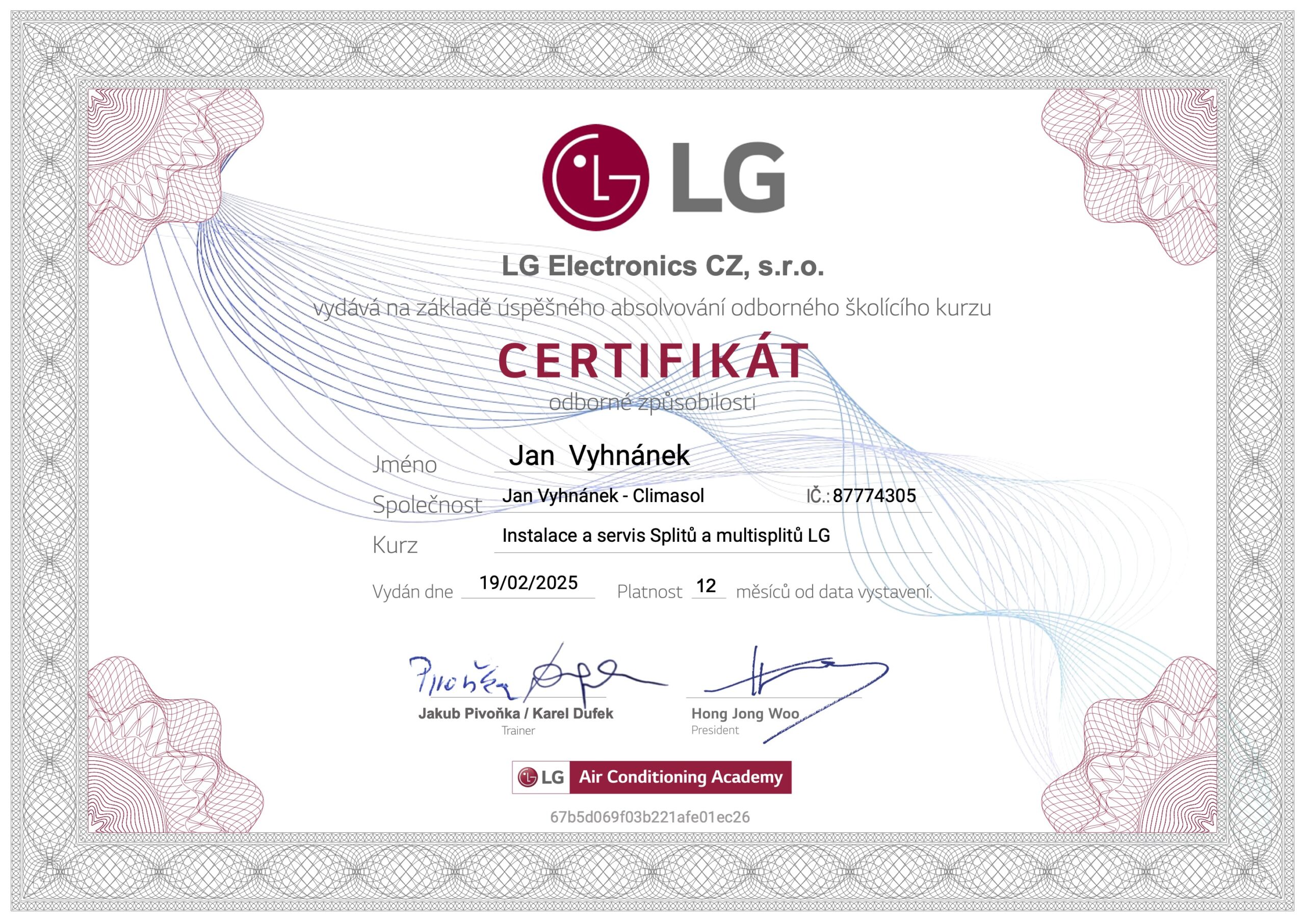 Certifikát LG – RAC – Vyhnánek
