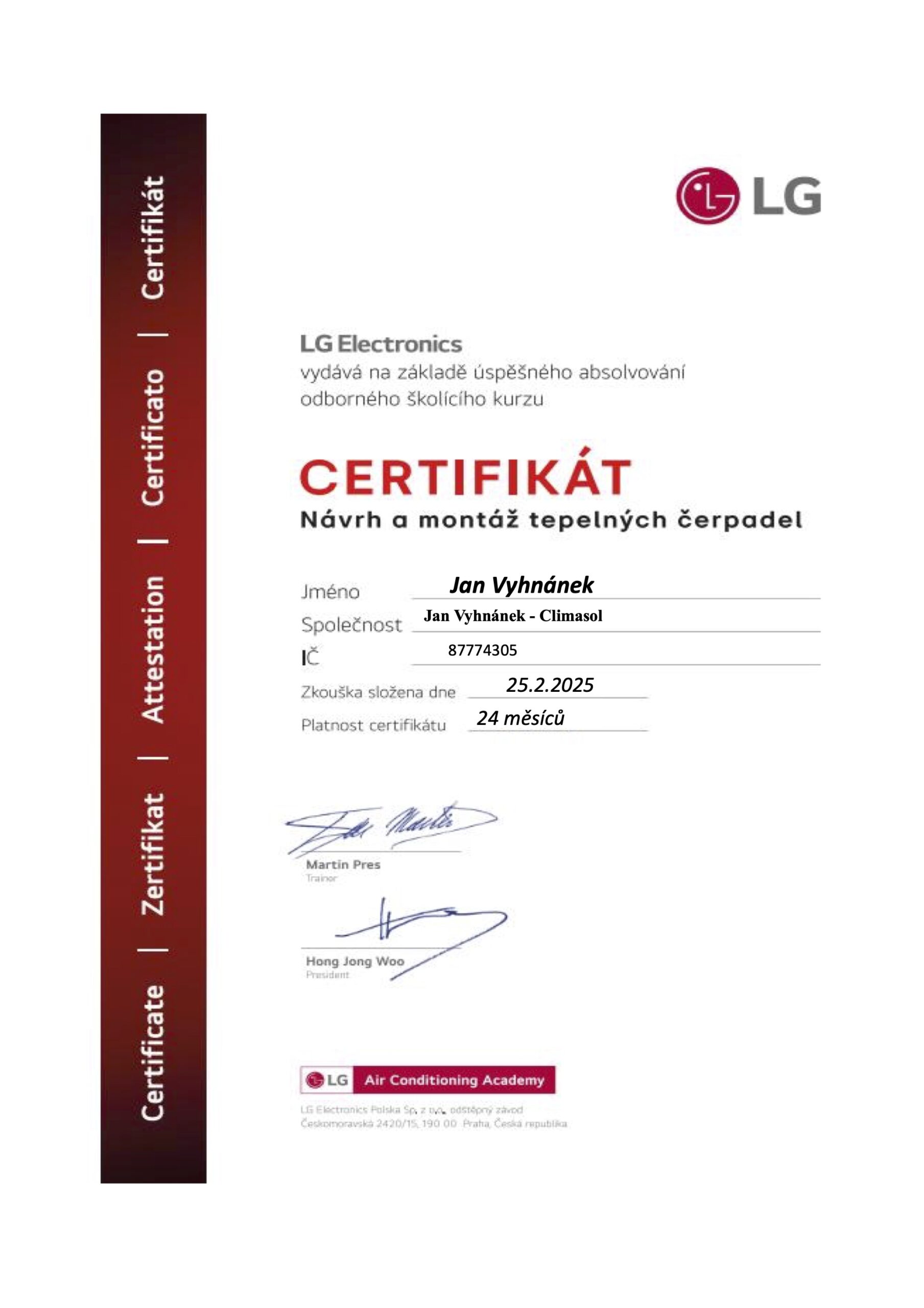 Certifikát LG – TČ – Vyhnánek