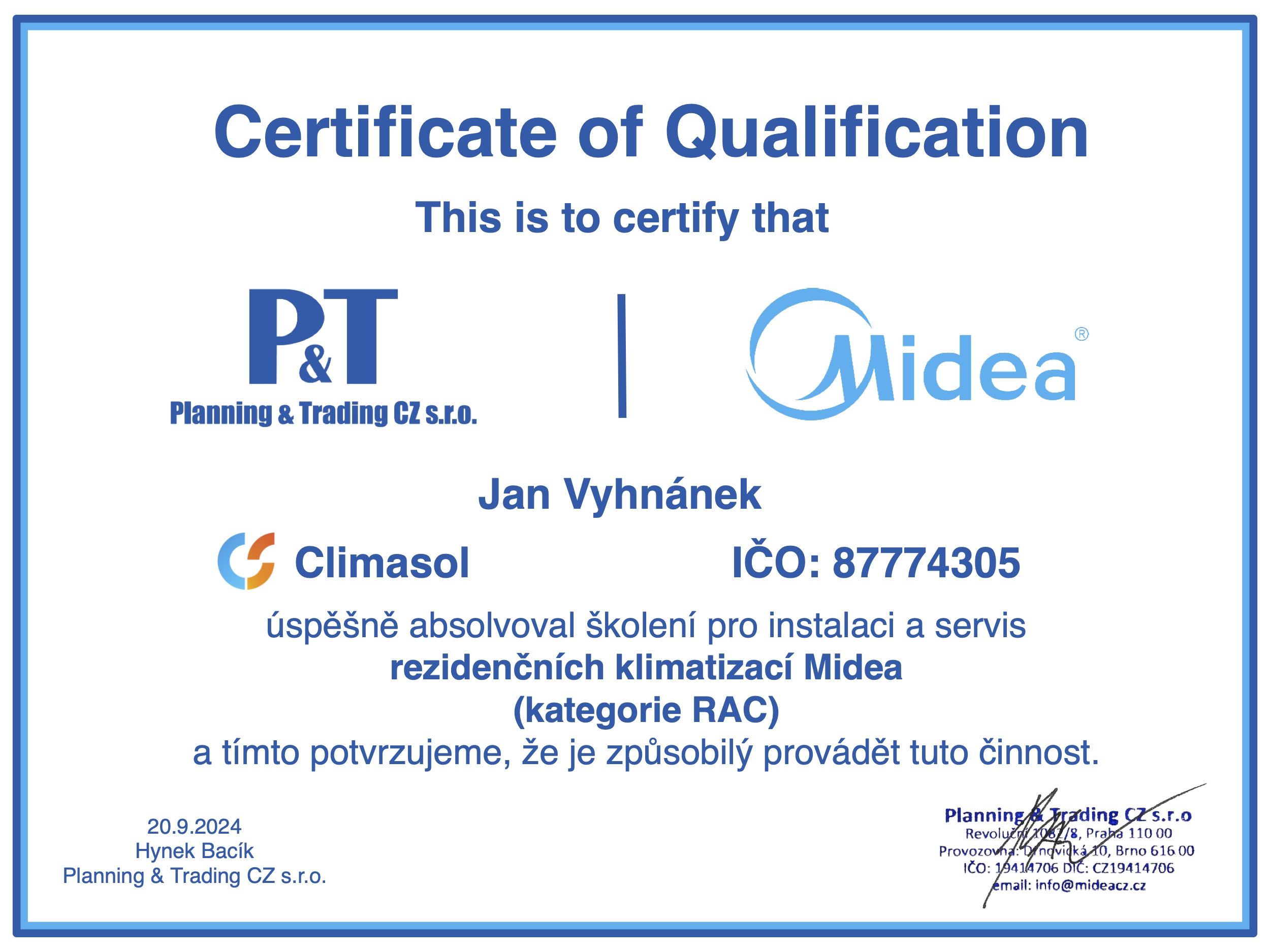Certifikát Midea – RAC – Vyhnánek