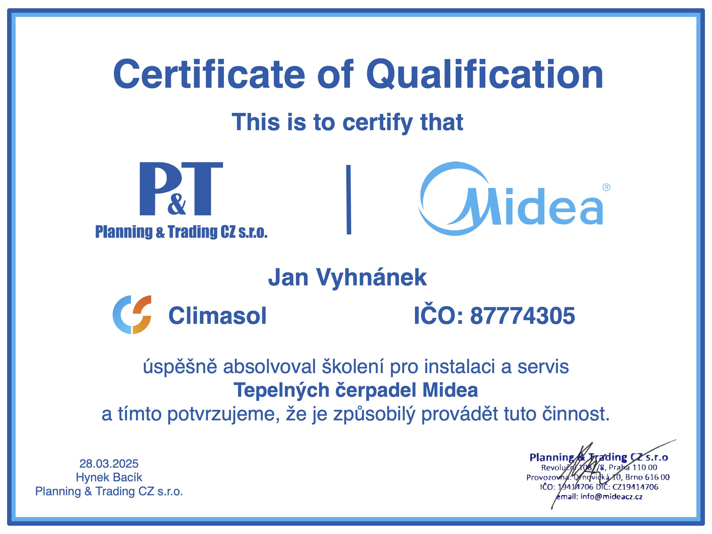 Certifikát Midea – TČ – Vyhnánek