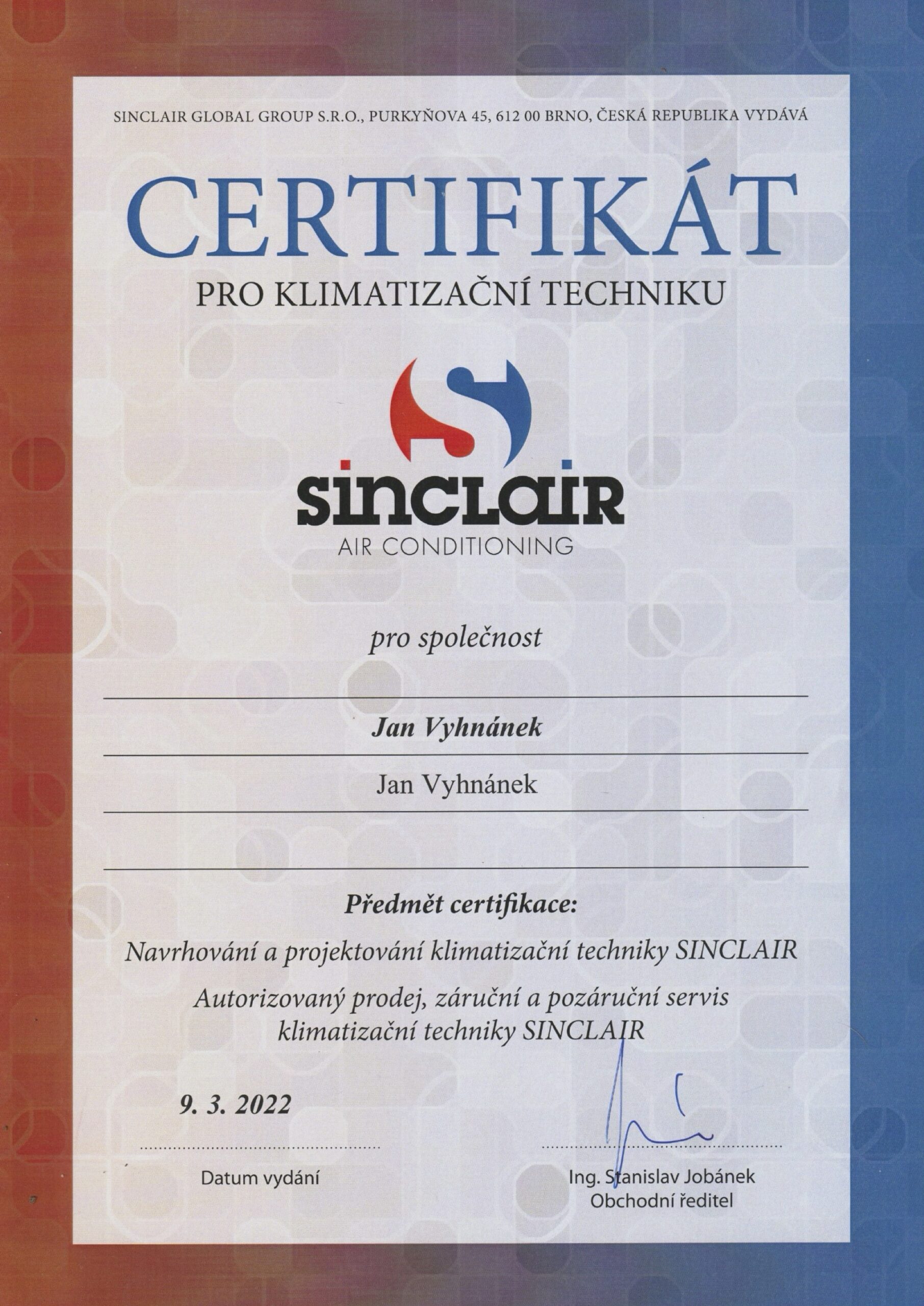 Certifikát Sinclair – RAC – Vyhnánek
